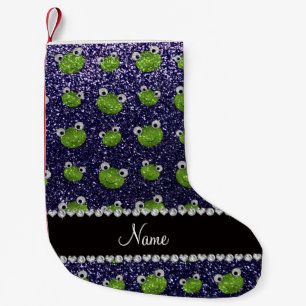 Personalised name navy blue glitter frogs small christmas stocking