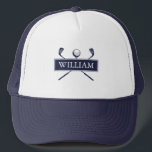 Personalised Name Navy Blue Golf Ball And Clubs Trucker Hat<br><div class="desc">Personalise the name to create a great golf gift and keepsake. Designed by Thisisnotme©</div>