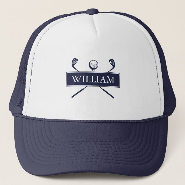 Personalised Name Navy Blue Golf Ball And Clubs Trucker Hat (Front)