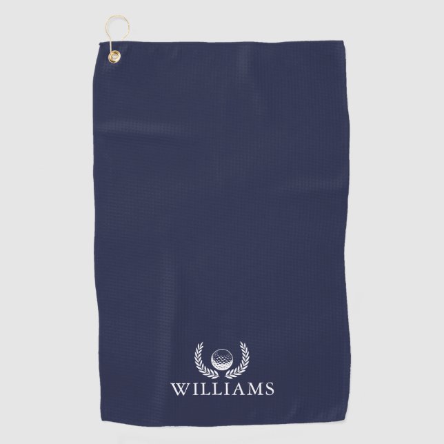 Personalised Name Navy Blue Golf Ball And Wreath Golf Towel (Front)
