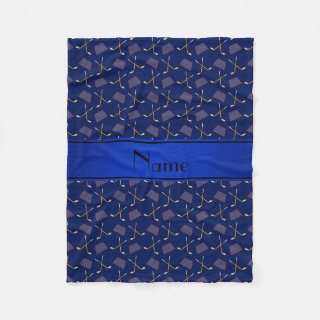 Personalised name navy blue hockey pattern fleece blanket (Front)