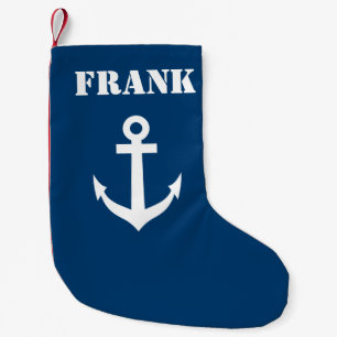 Personalised name navy blue nautical boat anchor small christmas stocking