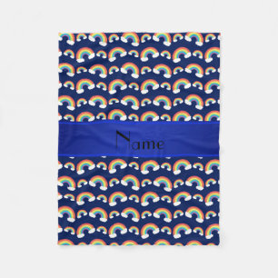 Personalised name navy blue rainbows pattern fleece blanket