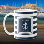 Personalised Name Navy Blue Stripe Nautical Anchor Coffee Mug<br><div class="desc">A nautical design featuring an anchor,  stylish navy blue and white stripes and personalised with your family or boat name and established date. Designed by Thisisnotme©</div>