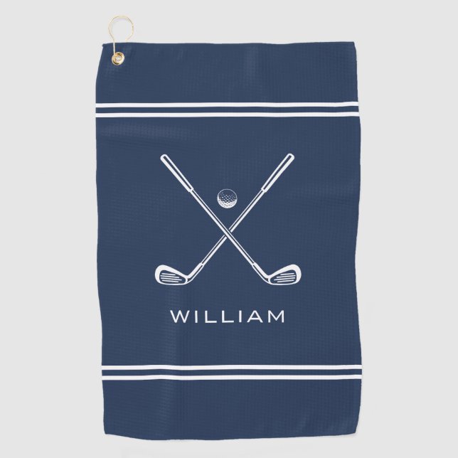 Personalised Name Navy Blue Stripes Stylish Golf Towel (Front)