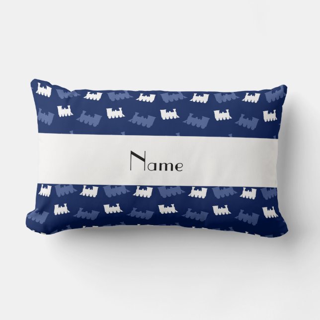 Personalised name navy blue train pattern lumbar cushion (Front)