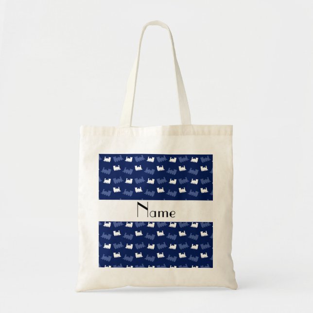 Personalised name navy blue train pattern tote bag (Front)