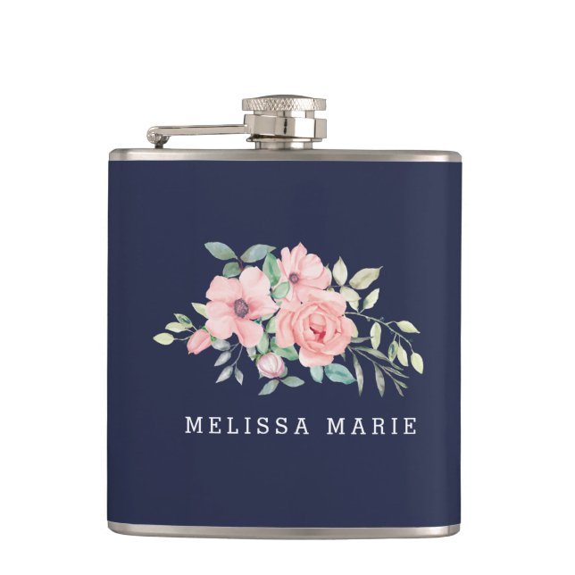 Personalised Name Navy Floral Watercolor Hip Flask (Front)
