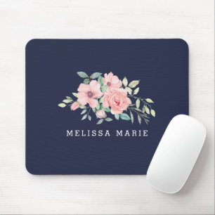 Personalised Name Navy Floral Watercolor Mouse Pad