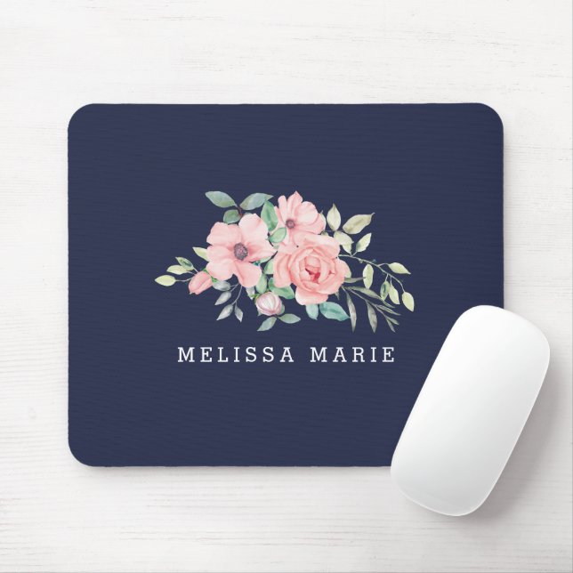 Personalised Name Navy Floral Watercolor Mouse Pad (With Mouse)