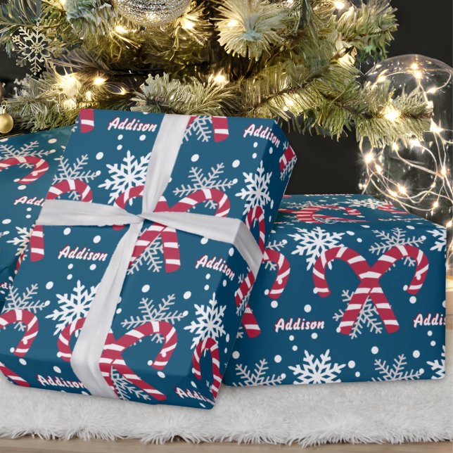 Personalised Name Navy Snowflake Candy Cane Gift Wrapping Paper (Creator Uploaded)