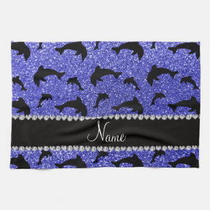Personalised name neon blue glitter dolphins tea towel