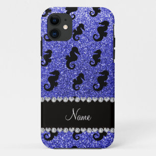 Personalised name neon blue glitter seahorses iPhone 11 case