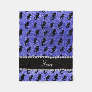 Personalised name neon blue glitter seahorses fleece blanket