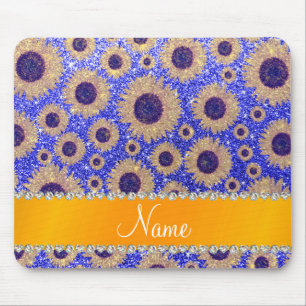 Personalised name neon blue glitter sunflowers mouse pad