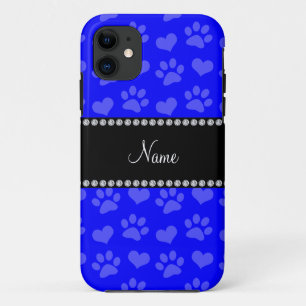 Personalised name neon blue hearts and paw prints iPhone 11 case