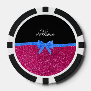 Personalised name neon hot pink glitter blue bow poker chips