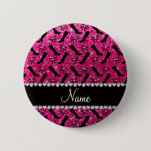 Personalised name neon hot pink glitter boots bows 6 cm round badge