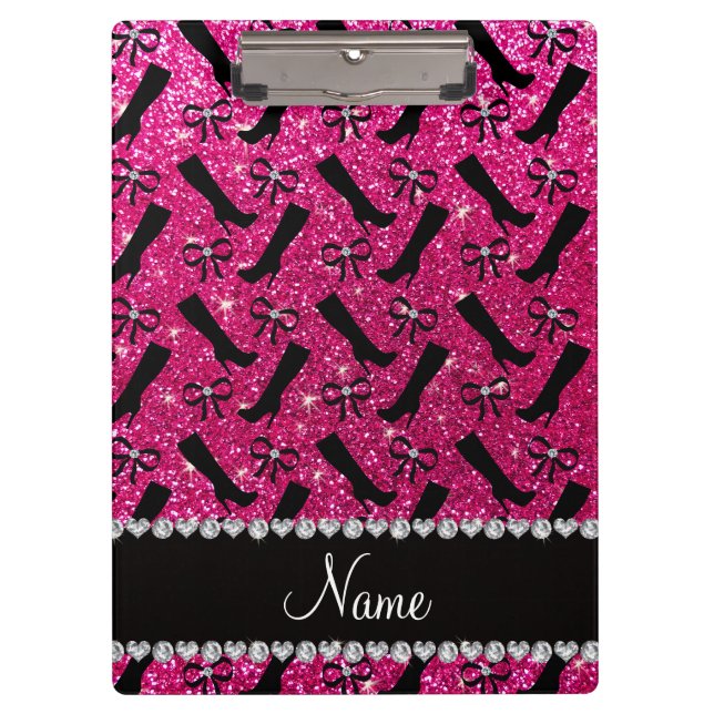 Personalised name neon hot pink glitter boots bows clipboard (Front)