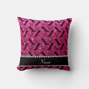 Personalised name neon hot pink glitter boots bows cushion