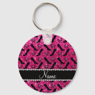 Personalised name neon hot pink glitter boots bows key ring