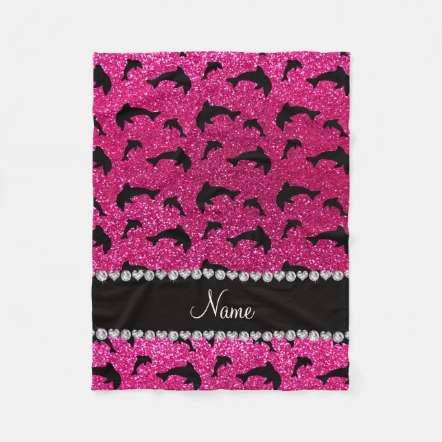 Personalised name neon hot pink glitter dolphins fleece blanket (Front)