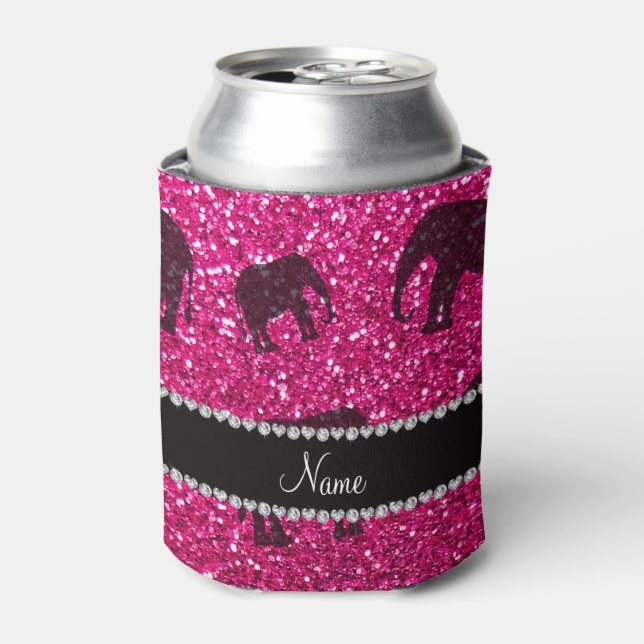 Personalised name neon hot pink glitter elephants can cooler (Can Front)