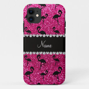 Personalised name neon hot pink glitter flamingos iPhone 11 case