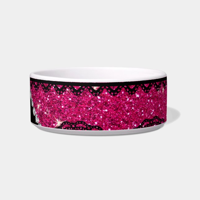 Personalised name neon hot pink glitter lace bowl (Right)