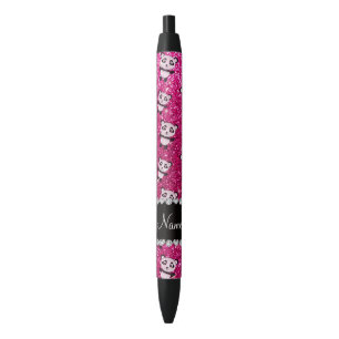 Personalised name neon hot pink glitter pandas black ink pen