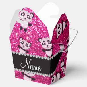 Personalised name neon hot pink glitter pandas favour box