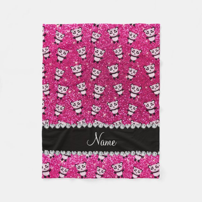 Personalised name neon hot pink glitter pandas fleece blanket (Front)