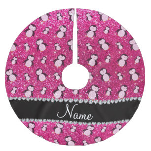 Personalised name neon hot pink glitter penguins brushed polyester tree skirt