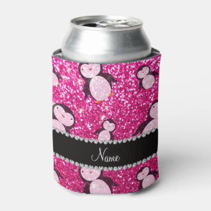 Personalised name neon hot pink glitter penguins can cooler