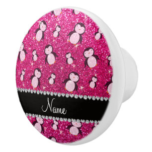Personalised name neon hot pink glitter penguins ceramic knob