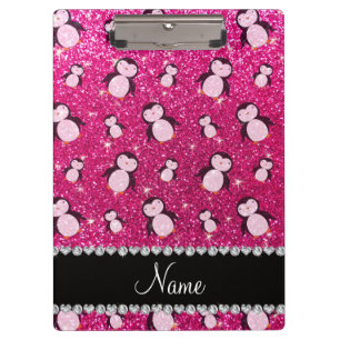 Personalised name neon hot pink glitter penguins clipboard