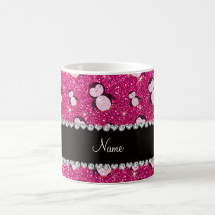 Personalised name neon hot pink glitter penguins coffee mug