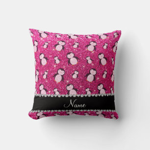 Personalised name neon hot pink glitter penguins cushion