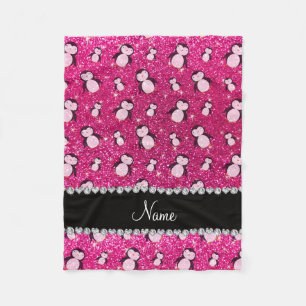 Personalised name neon hot pink glitter penguins fleece blanket