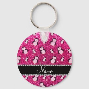 Personalised name neon hot pink glitter penguins key ring