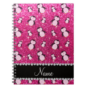 Personalised name neon hot pink glitter penguins notebook