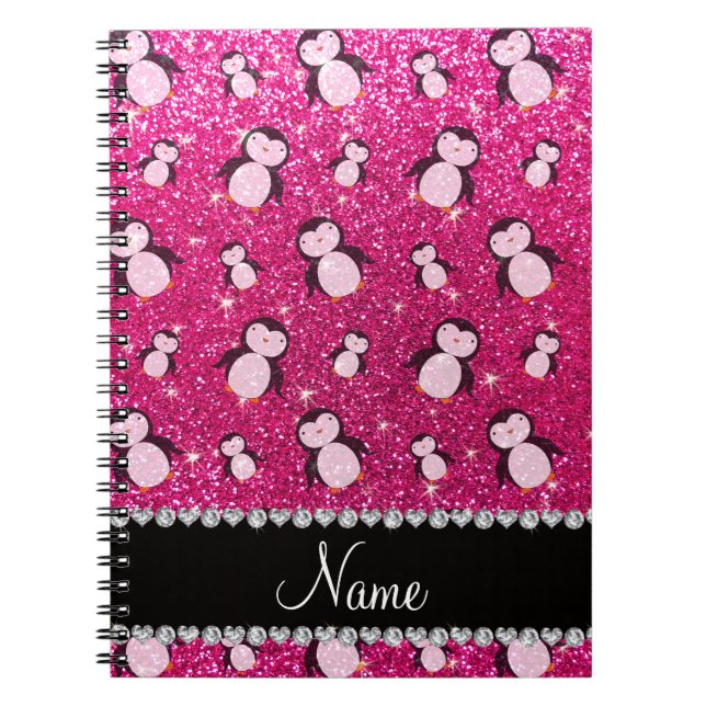 Personalised name neon hot pink glitter penguins notebook (Front)