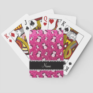 Personalised name neon hot pink glitter penguins playing cards