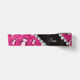 Personalised name neon hot pink glitter penguins satin ribbon
