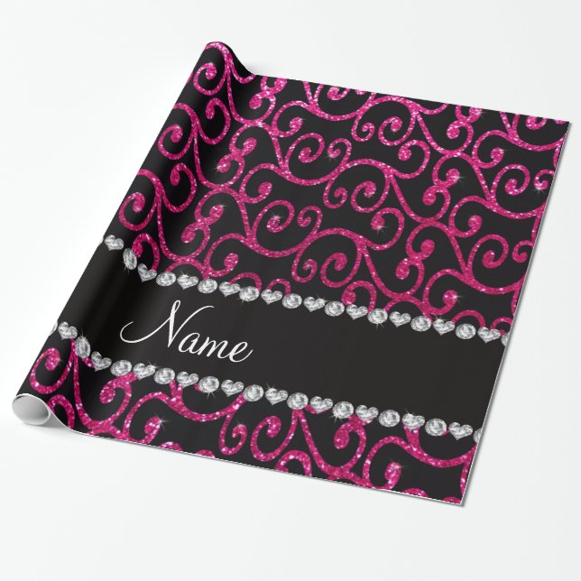 Personalised name neon hot pink glitter swirls wrapping paper (Unrolled)
