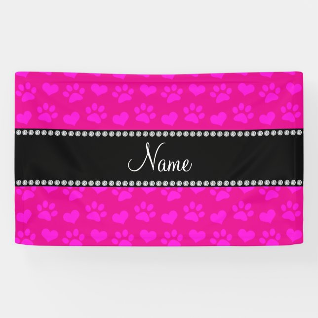 Personalised name neon hot pink hearts and paws banner (Horizontal)