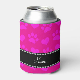 Personalised name neon hot pink hearts and paws can cooler