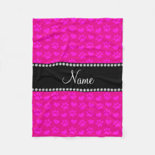 Personalised name neon hot pink hearts and paws fleece blanket