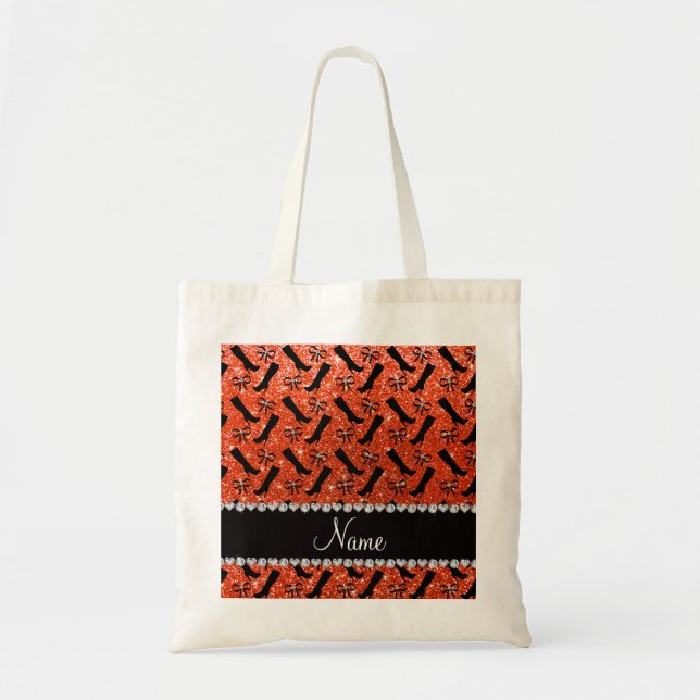 Personalised name neon orange glitter boots bows tote bag (Front)
