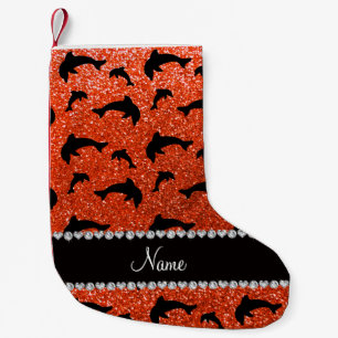Personalised name neon orange glitter dolphins small christmas stocking